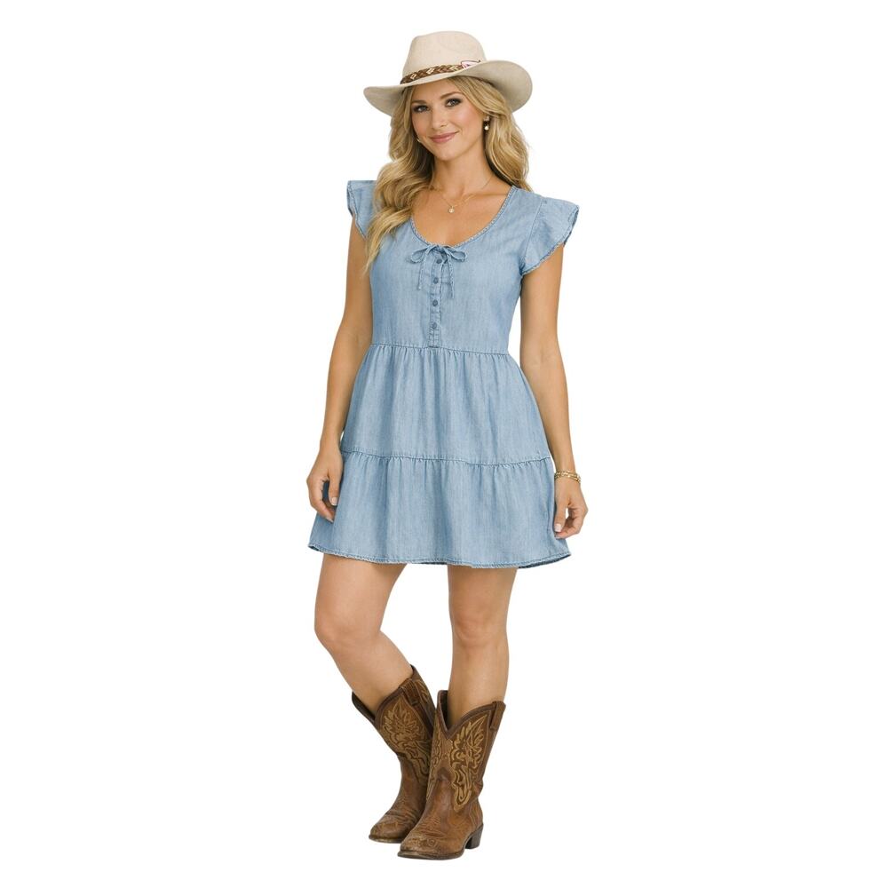 True Craft Sz M Light Blue Denim Tiered Flowy Lyocell Dress Boho Cottagecore EUC